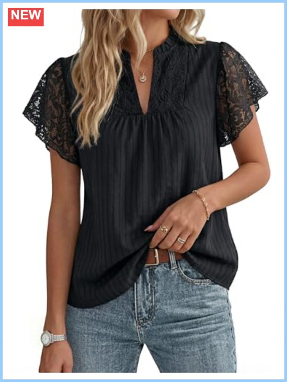 Womens Lace Short Sleeve Cotton Blouse V Neck Dressy Casual Flowy Top